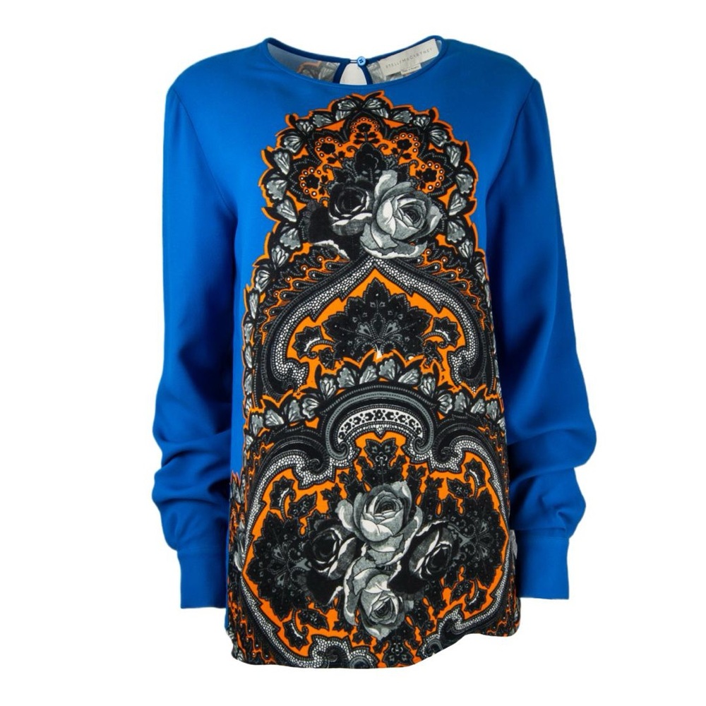 Stella McCartney Royal Blue Long-Sleeve Embroidered Paisley Floral Blouse